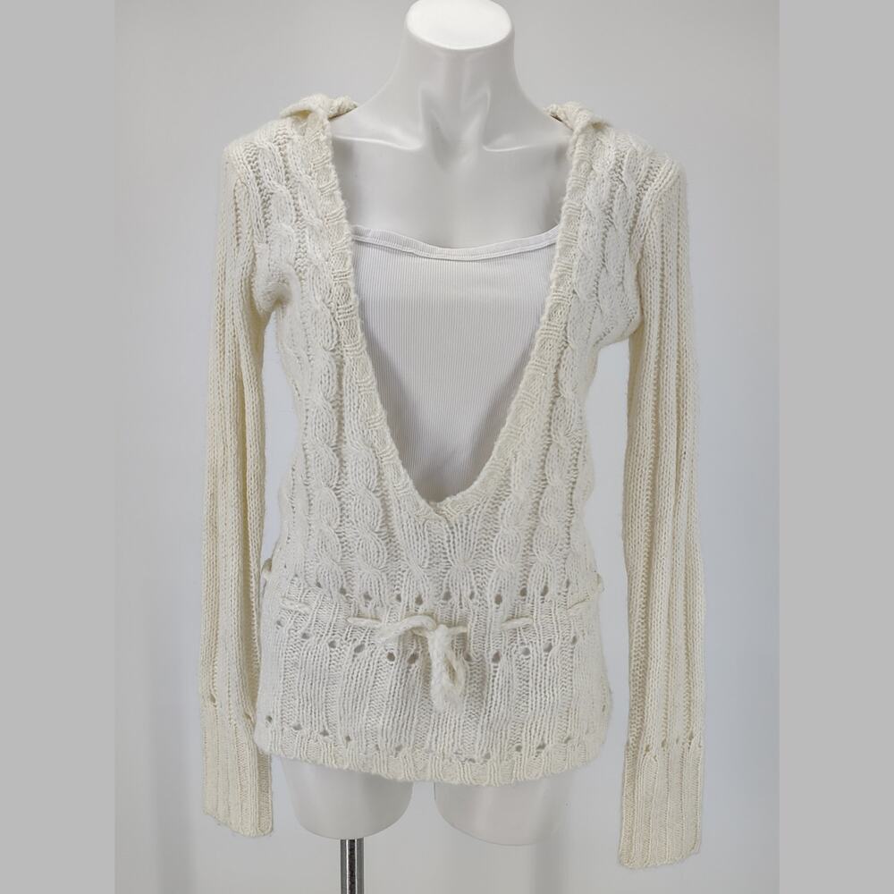 Maurices Early 2000 Cream Hooded Knit Sweater XL Lurex Drawstring Waist Cozy